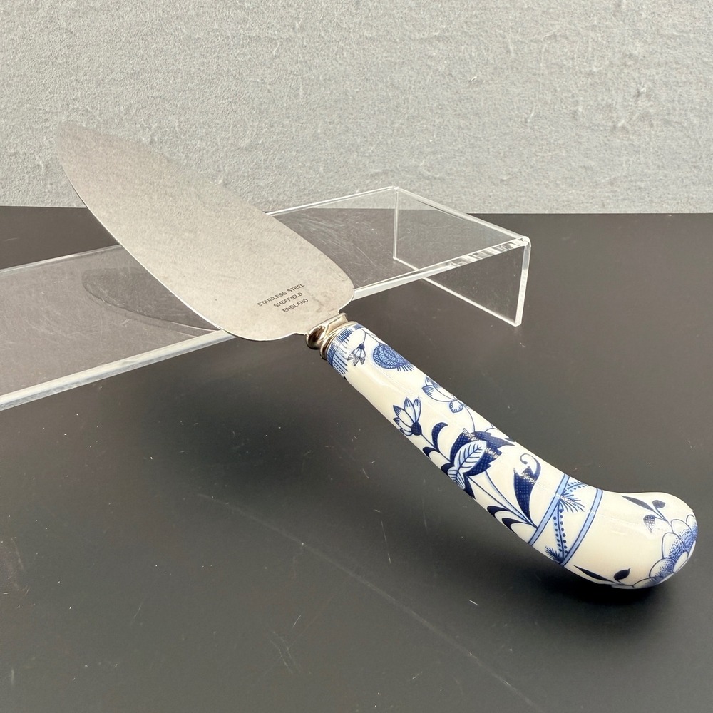 Vintage Sheffield England Cake Server Blue & White Floral Porcelain Handle 10"